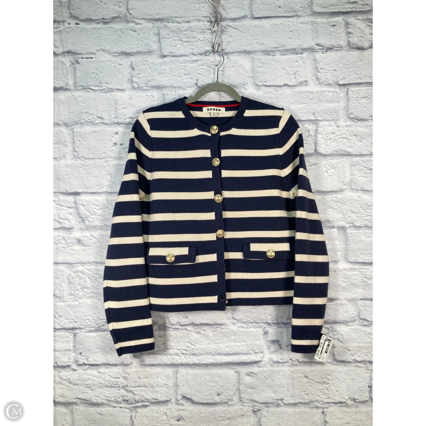 Sweater Cardigan By Boden In Blue & Cream, Size: M
