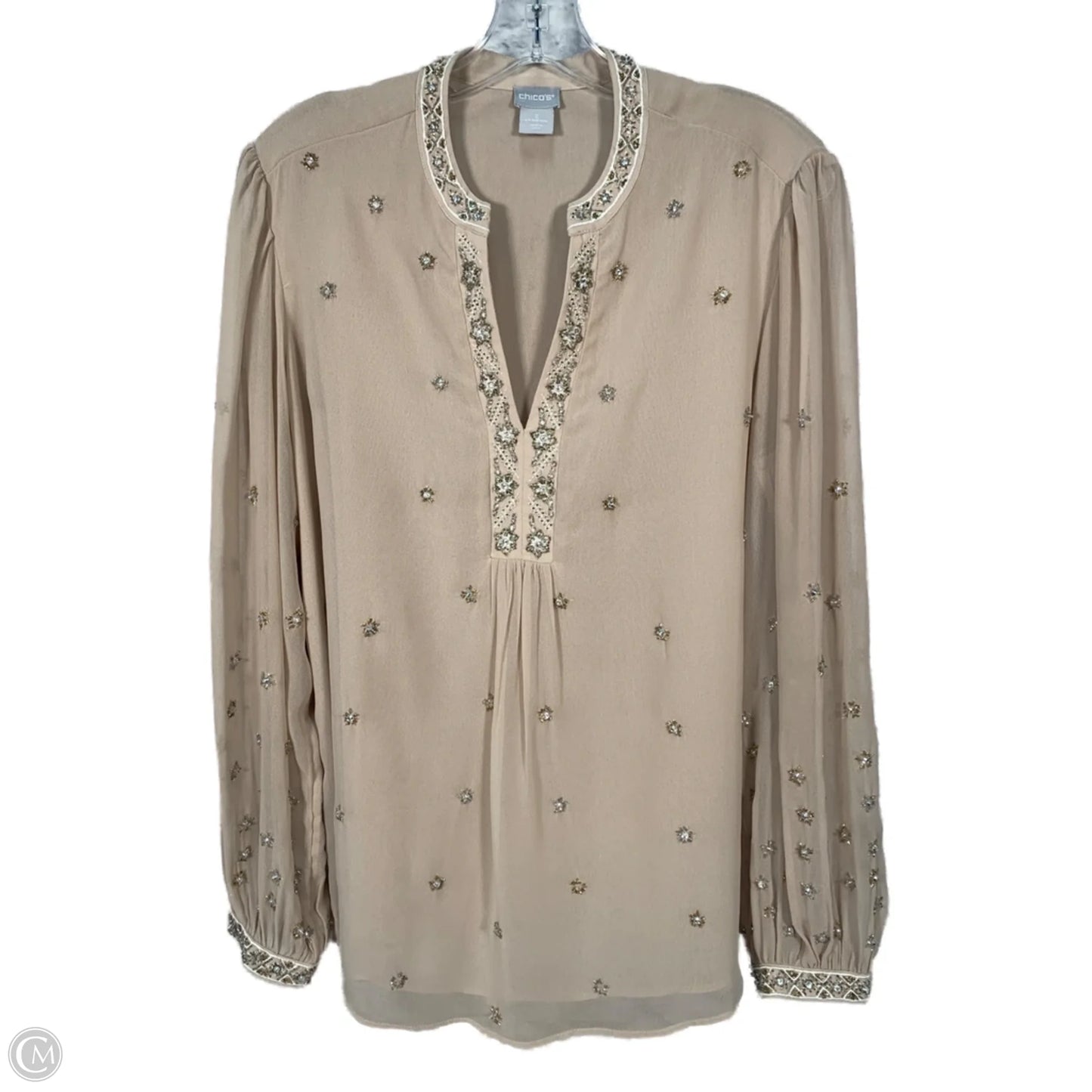 Blouse Long Sleeve By Chicos In Tan, Size: L