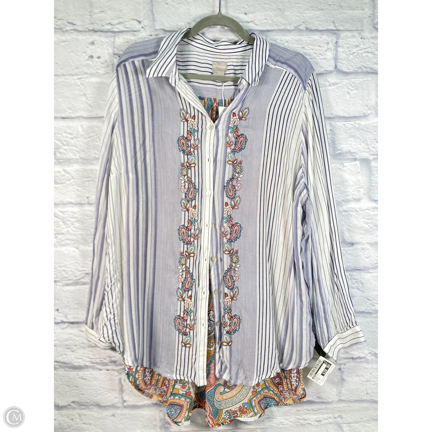 Blouse Long Sleeve By Chicos In Blue & White, Size: Xl