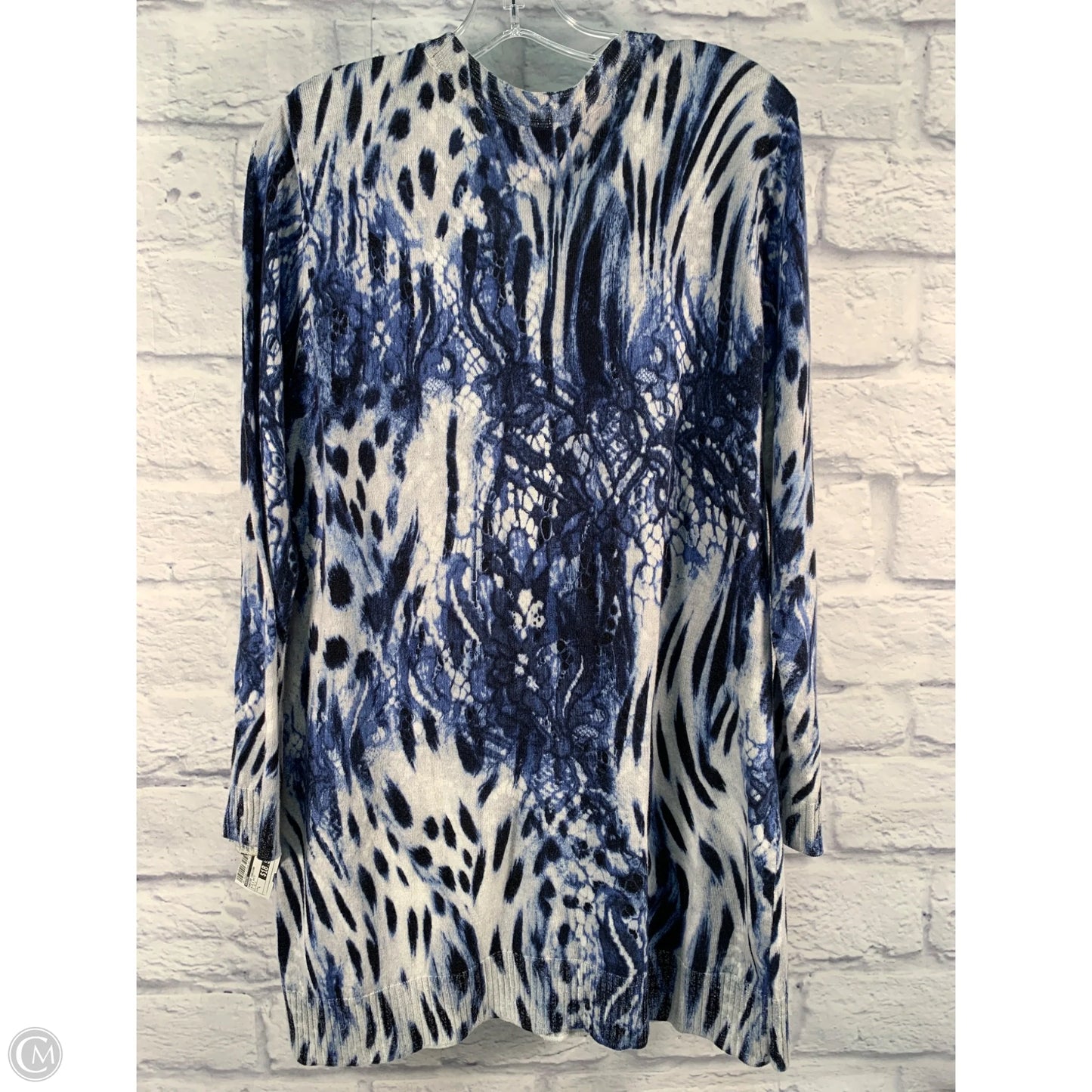 Sweater Cardigan By Chicos In Blue & White, Size: L