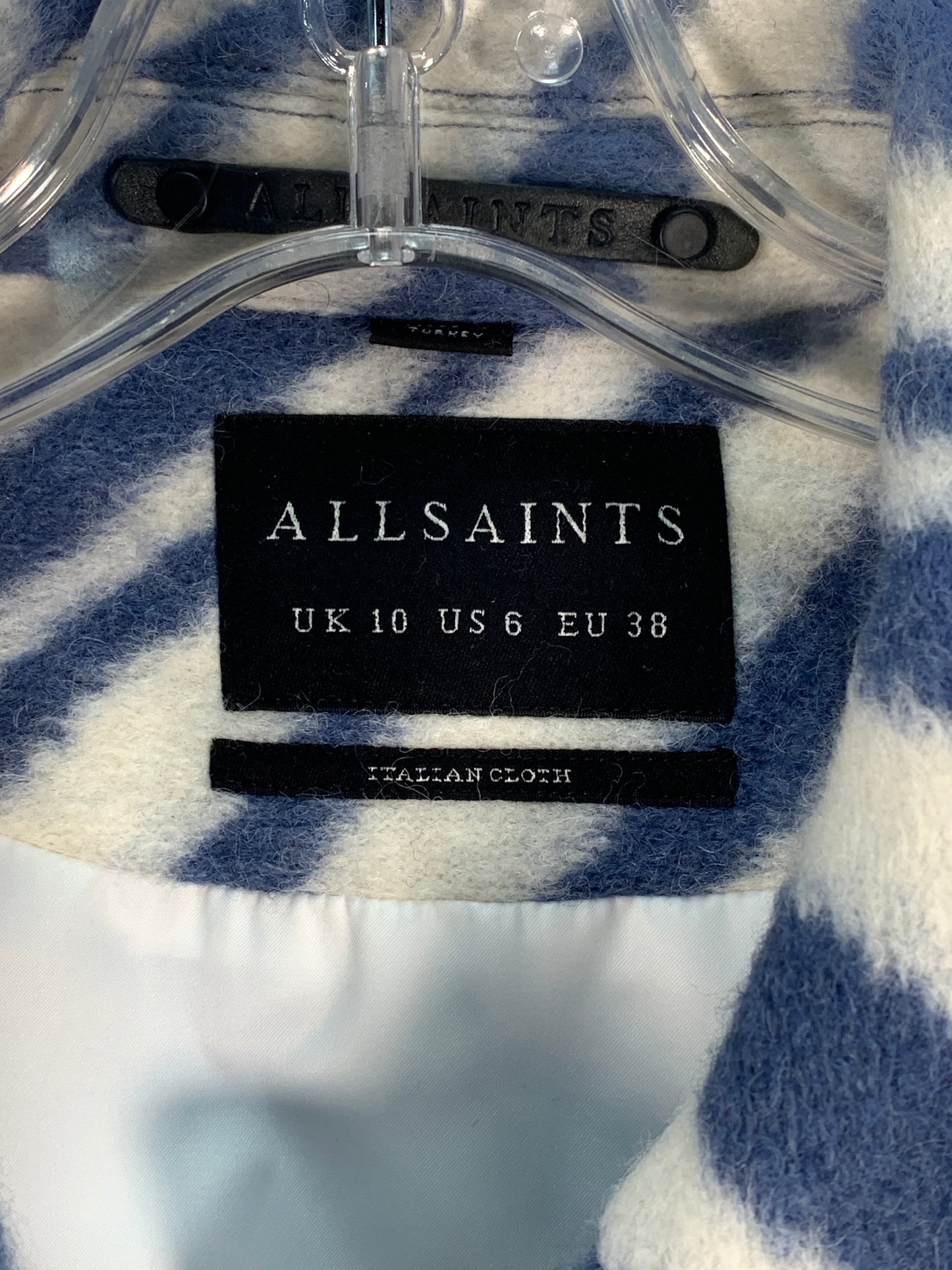 Coat Designer By All Saints In Blue & Cream, Size: S