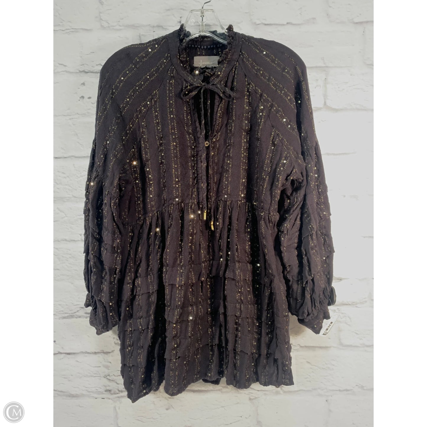 Top Long Sleeve By Anthropologie In Black & Gold, Size: M
