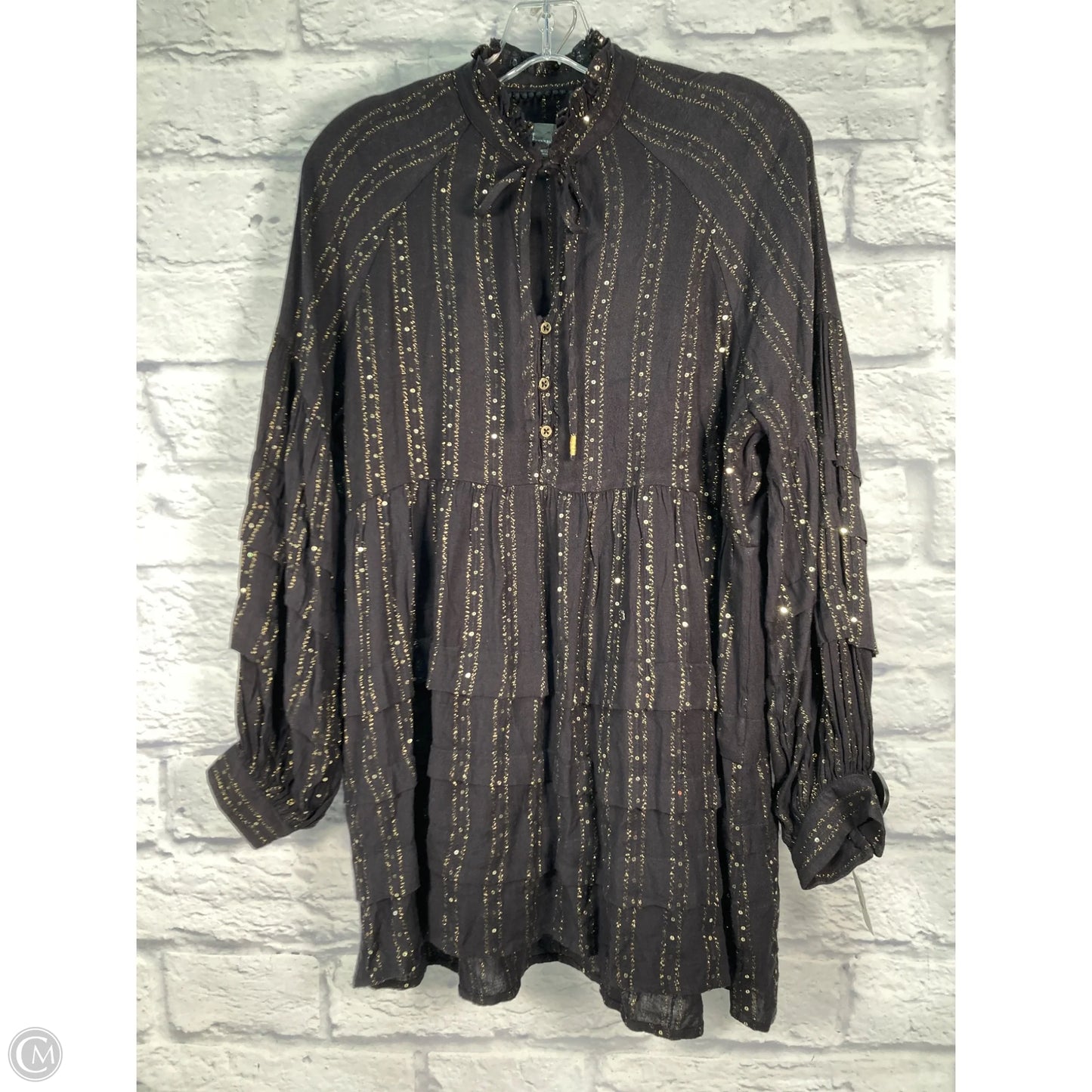 Blouse Long Sleeve By Anthropologie In Black & Gold, Size: S