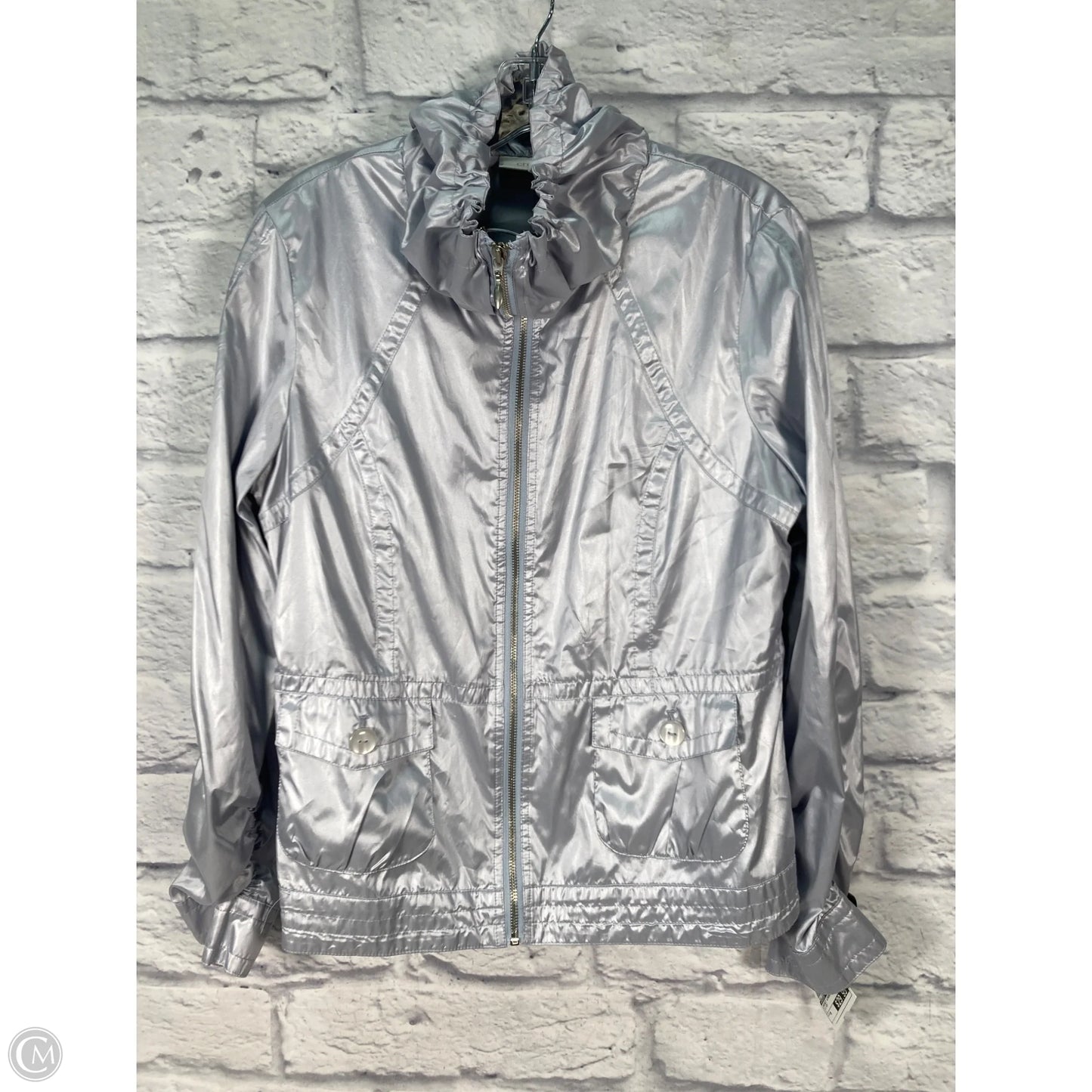 Jacket Windbreaker By Chicos In Silver, Size: M