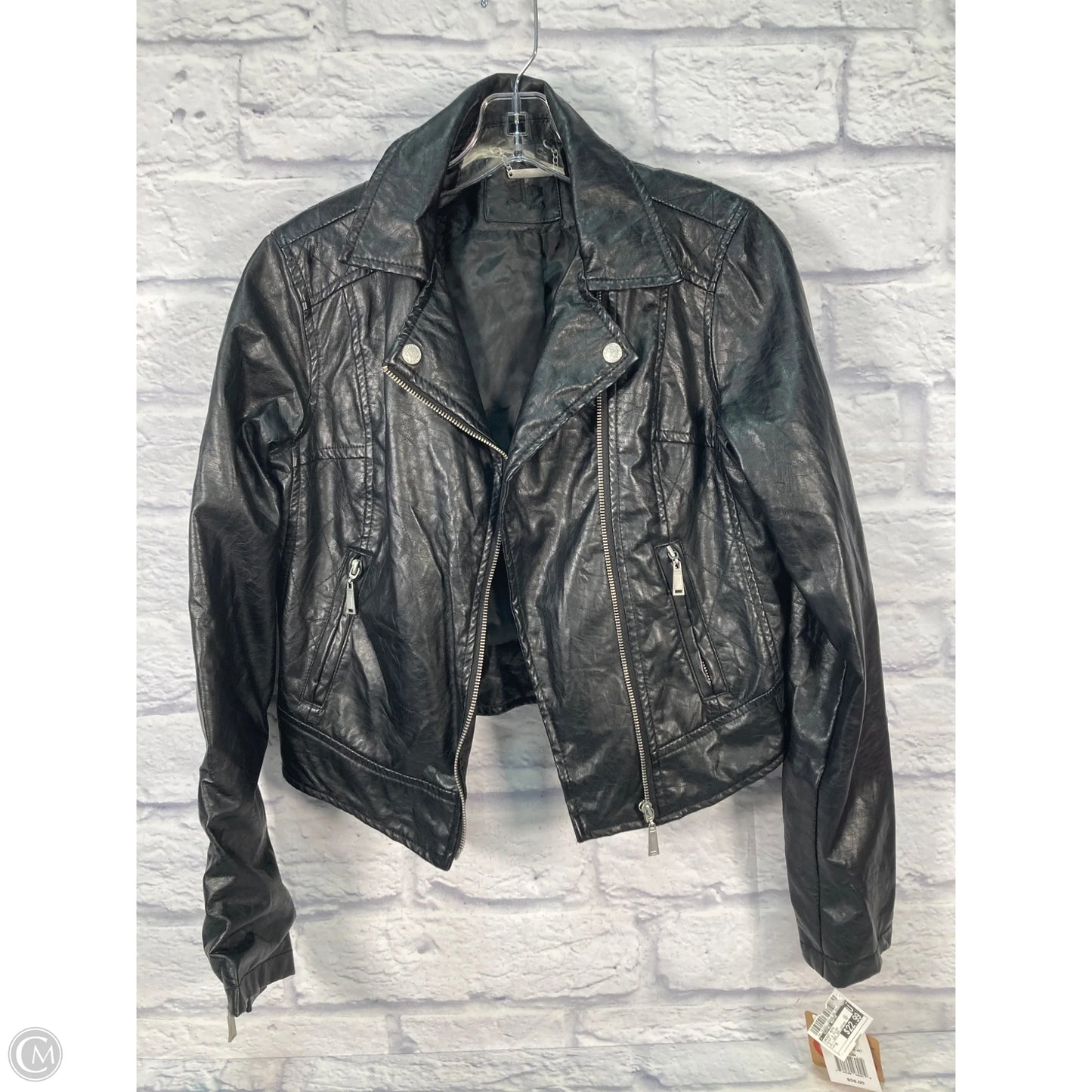 Jacket Moto By Clothes Mentor In Black & Silver, Size: M