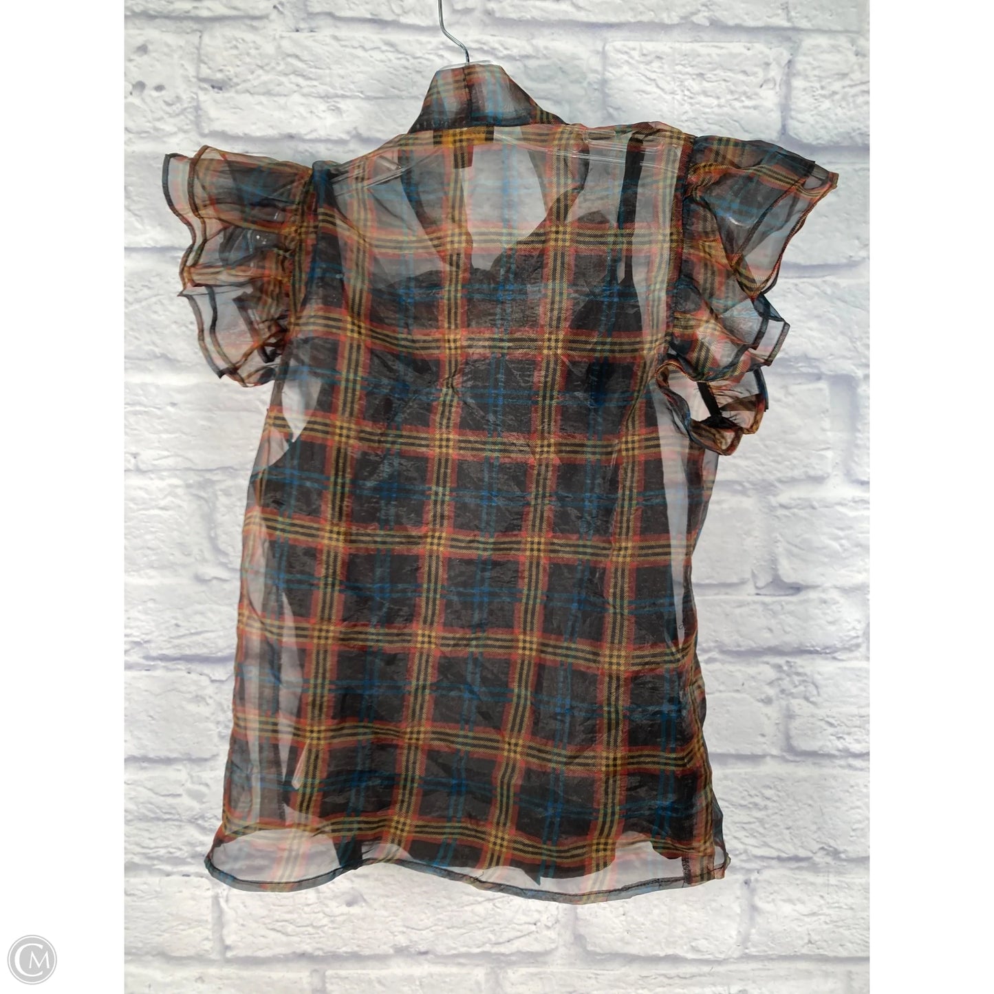Blouse Short Sleeve By Current Air In Plaid Pattern, Size: M