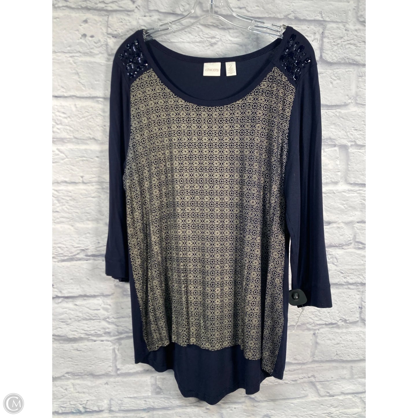 Top 3/4 Sleeve By Chicos In Blue & Brown, Size: L