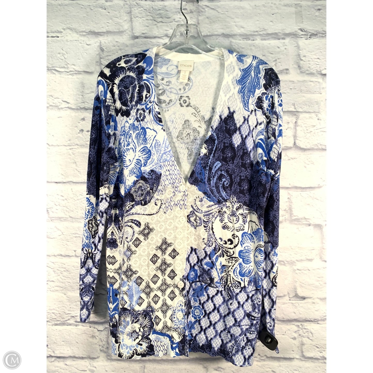 Sweater Cardigan By Chicos In Blue & White, Size: M