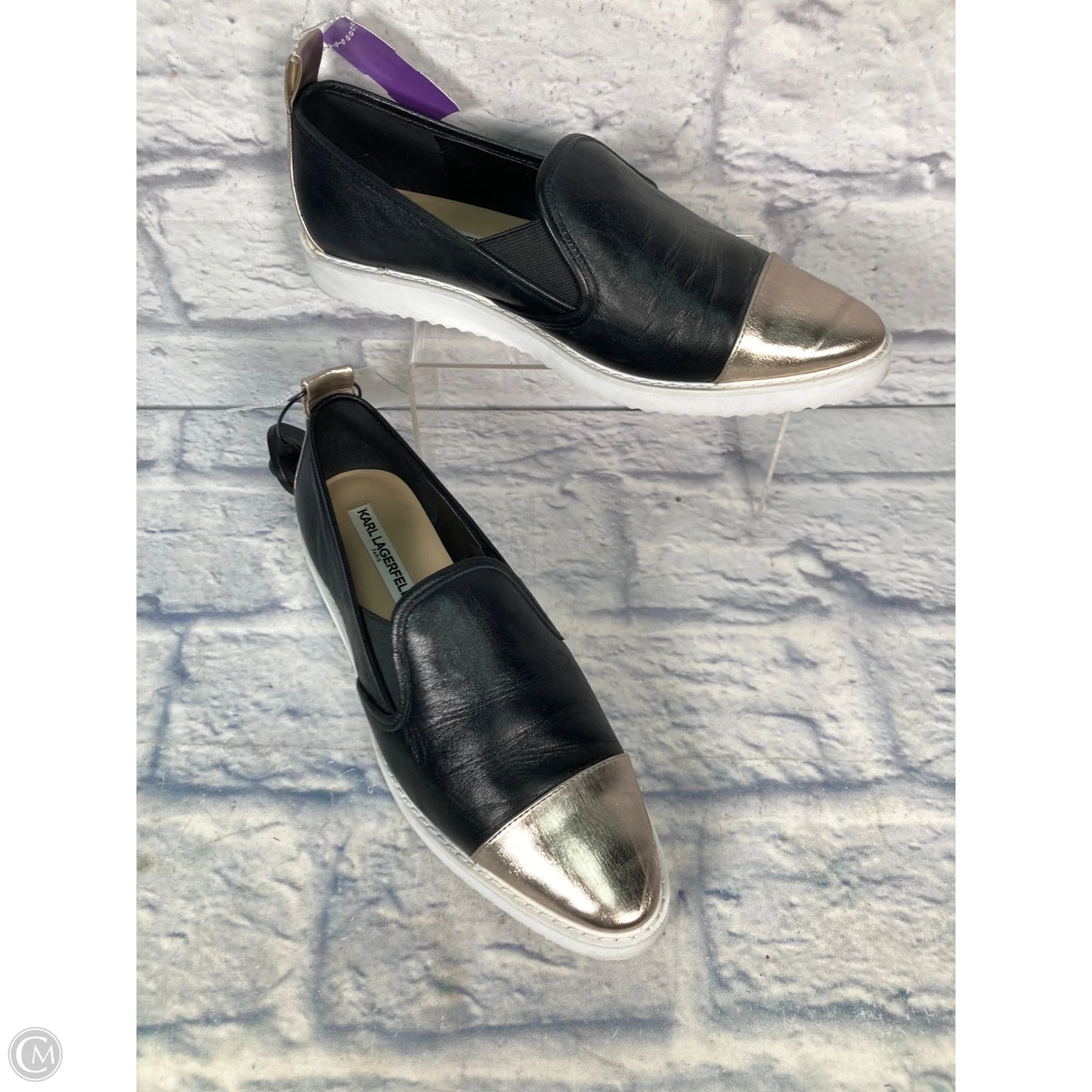 Shoes Designer By Karl Lagerfeld In Black & Silver, Size: 9