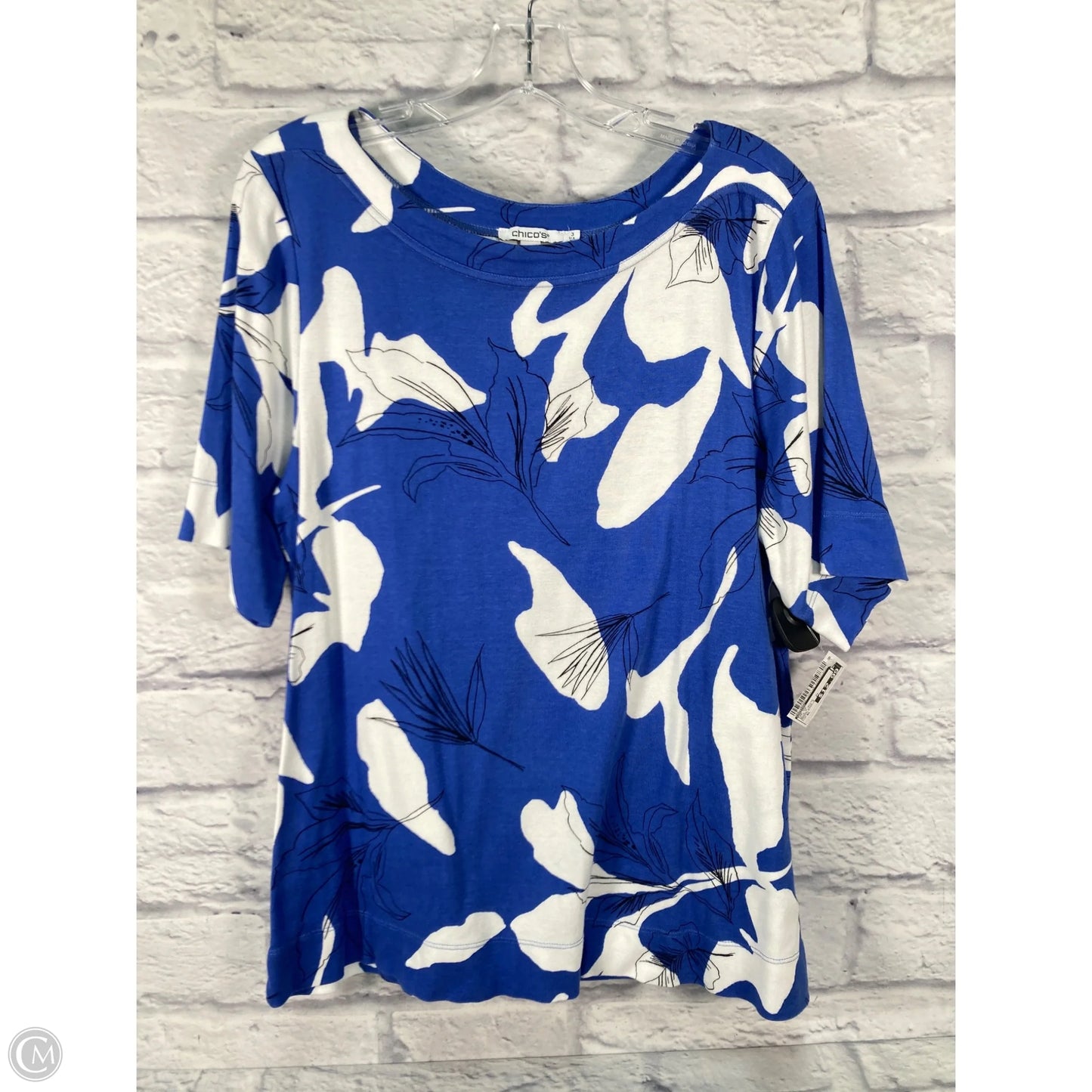 Top Short Sleeve By Chicos In Blue & White, Size: Xl