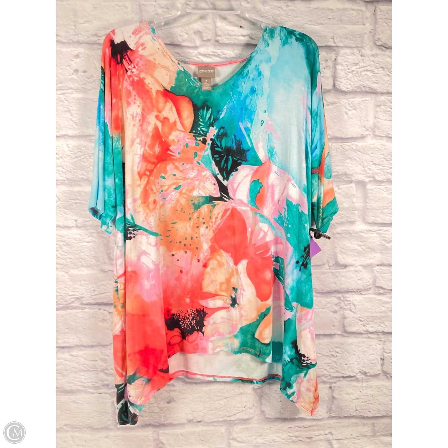 Top Short Sleeve By Chicos In Green & Orange, Size: Xl