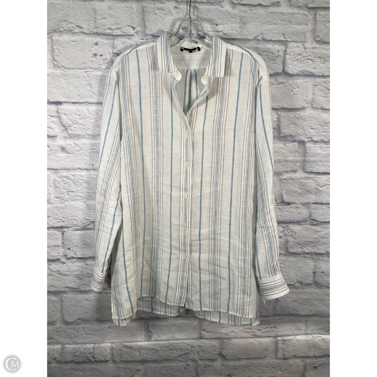 Top Long Sleeve Designer By Lafayette 148 In Blue & White, Size: L