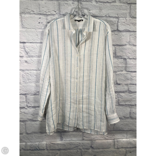 Top Long Sleeve Designer By Lafayette 148 In Blue & White, Size: L