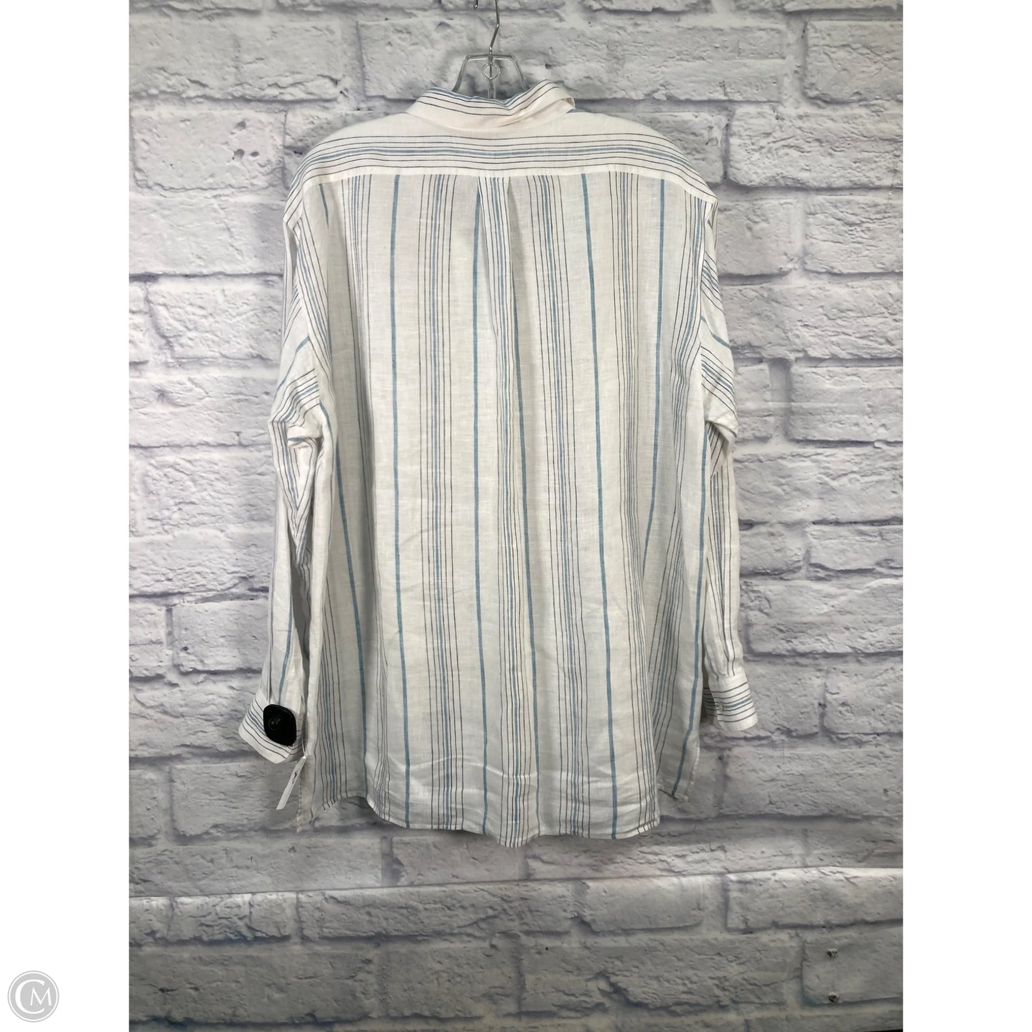 Top Long Sleeve Designer By Lafayette 148 In Blue & White, Size: L