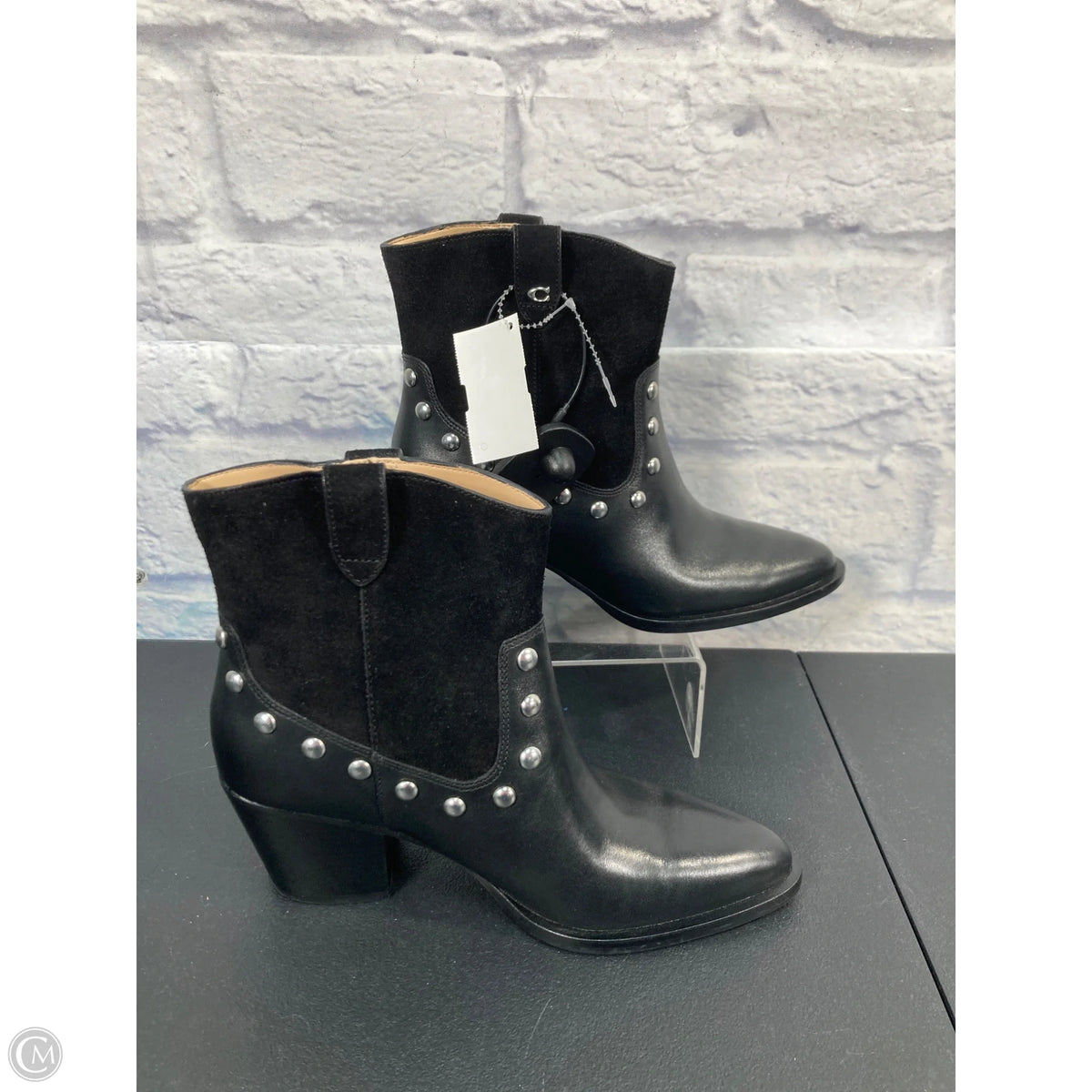 Boots Designer By Coach In Black & Silver, Size: 6